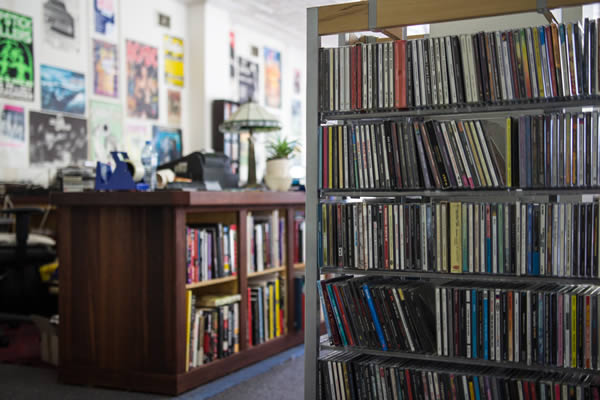 Shelves of CDs and books in the shop